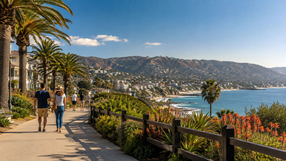 A couple walking along a paved coastal walkway with palm trees overlooking a sandy ocean bay and hillside homes.