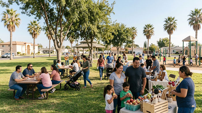 People browsing produce at an outdoor farmers market table in a sunny park with picnic tables, a gazebo, and a playground.