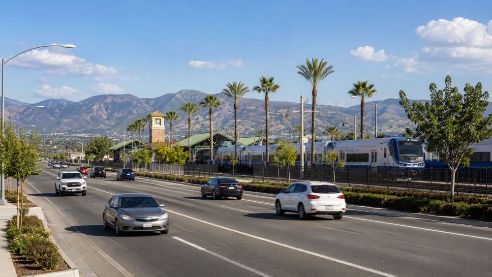 A passenger train stopped at a transit station beside a multi-lane road with cars, palm trees, a clock tower, and mountains in the background.