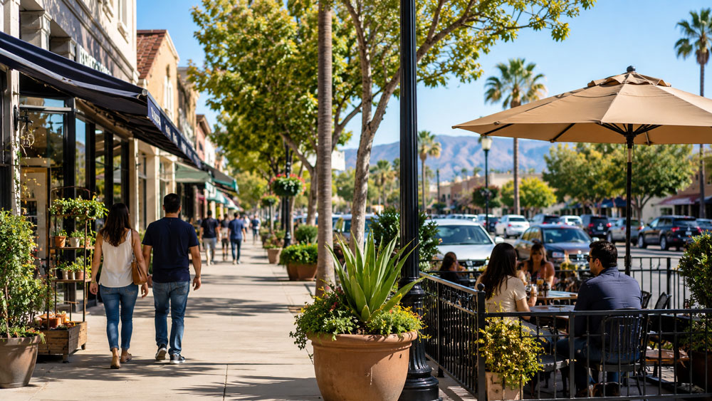 People walking past storefronts and dining at an outdoor patio cafe along a tree-lined main street with palm trees and mountains in the distance.