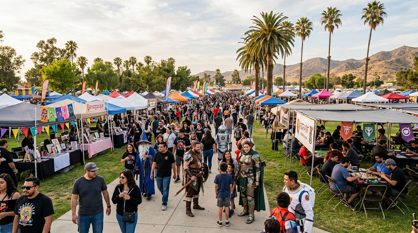 Crowd of people and cosplayers walking along a pathway lined with vendor tents and gaming tables at an outdoor festival surrounded by palm trees and mountains.