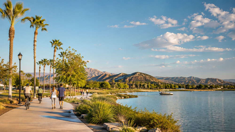 People walking and riding bicycles along a paved lakeside park trail with palm trees and mountains under a clear sky.