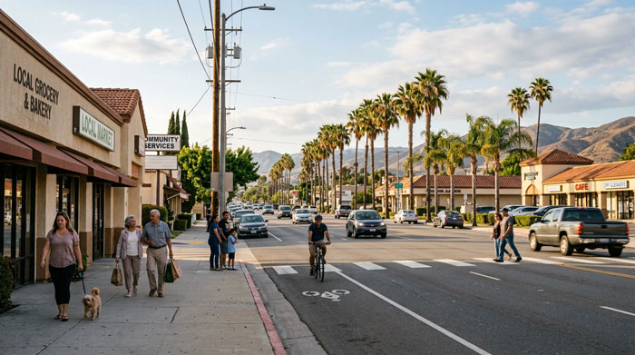 Pedestrians walking past a local grocery store on a sidewalk along a palm-tree-lined suburban street with a cyclist and cars.