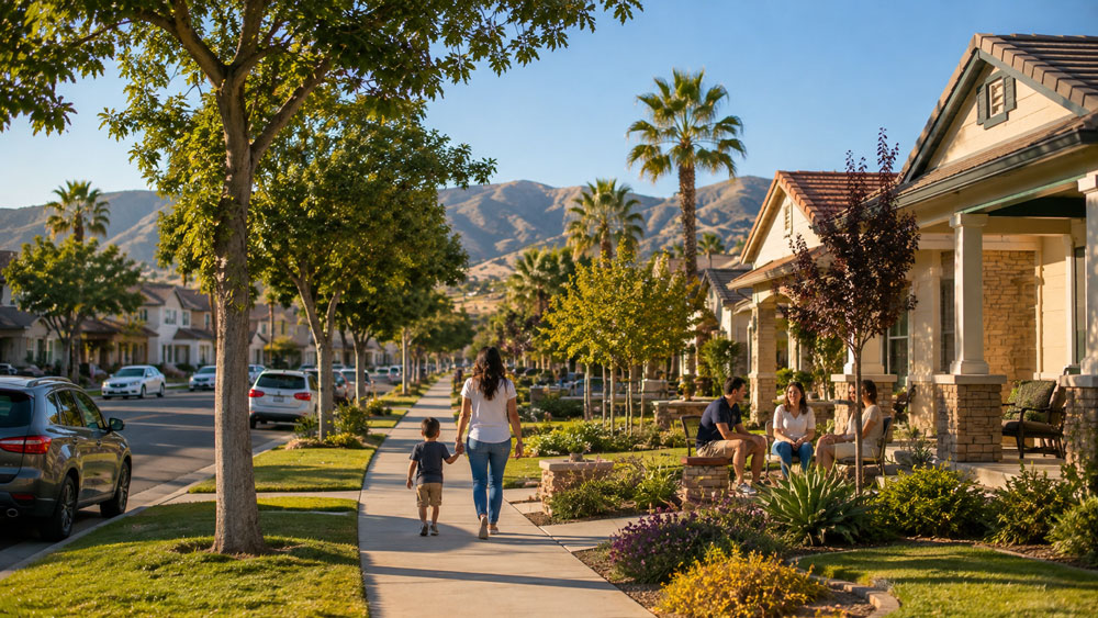 A mother and child walking holding hands along a suburban sidewalk in front of homes, trees, and distant mountains.