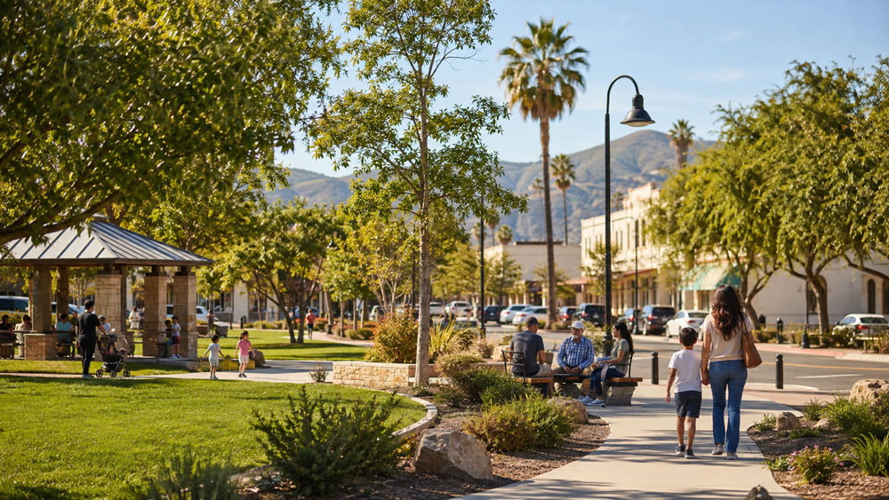 People walking along a paved walkway and sitting on benches in a sunny town square park surrounded by trees, buildings, and mountains.